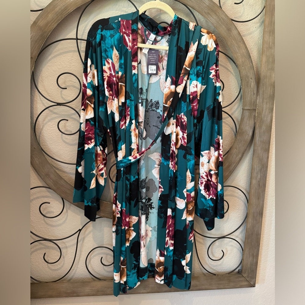 Lane Bryant Teal Floral Wrap Robe with Burgundy and Cream Flowers
